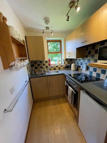 a kitchen with a refrigerator and a dishwasher at Runaway Cottage, Whitby in Whitby