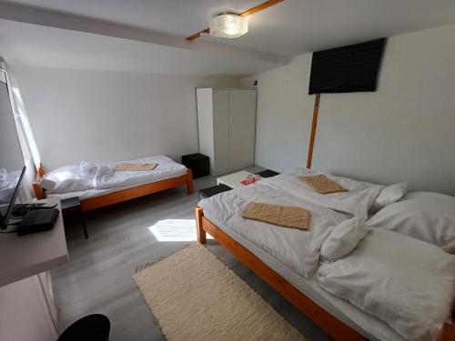 een slaapkamer met 2 bedden en een televisie. bij Gyarmati vendégház in Sirok