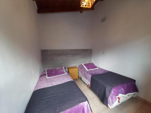 2 camas en una habitación con sábanas moradas en Monseñor Fagnano 592 "D" en Ushuaia