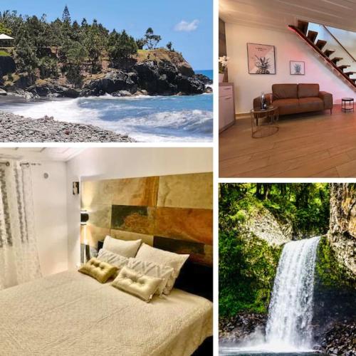 a collage of four pictures with a bed and a waterfall at Bienvenue a la marine Saint benoit 2 in Saint-Benoît