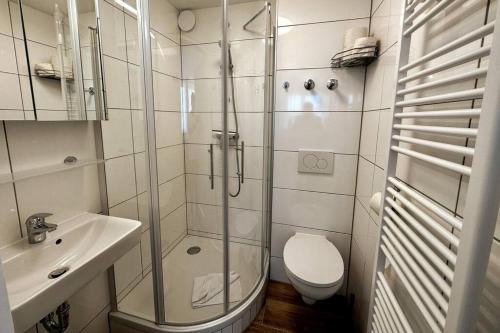y baño con ducha, aseo y lavamanos. en AJO Vetmed en Viena