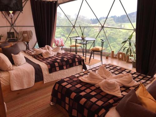 two beds in a room with a large window at Poas Volcano Observatory Lodge & Glamping in Poasito