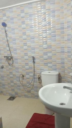 ein Bad mit einer Dusche, einem WC und einem Waschbecken in der Unterkunft Idiliz in Borj