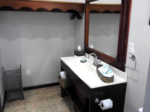a bathroom with a sink and a mirror at The Toucan Inn in Independence