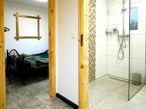 a bathroom with a shower and a bed at Domki Adamus in Kudowa-Zdrój