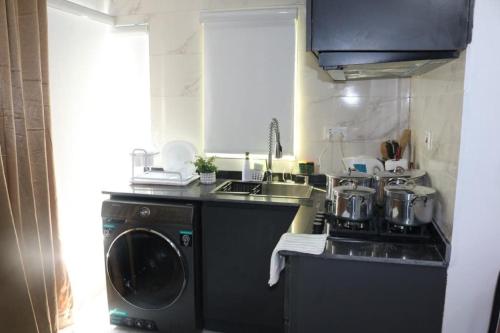 a kitchen with a washing machine and a dishwasher at Excellent 2 bed apartment in Lekki Phase1 With SuperFast Wi-fi & 247 Power in Lekki