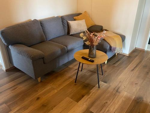 a living room with a couch and a table at Álftártunga Farm Guesthouse in Borgarnes