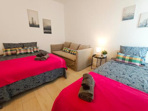 バルセロナにあるBy Plaza Universidad Roomsのリビングルーム(ベッド2台、ソファ付)