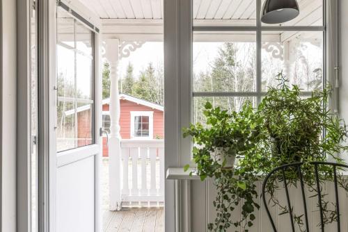 an open door to a porch with a potted plant at Gulliga torpet in Vislanda