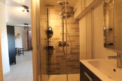 y baño con ducha y lavamanos. en Appartement centre-ville Pierrelatte - proche toute commodité, en Pierrelatte