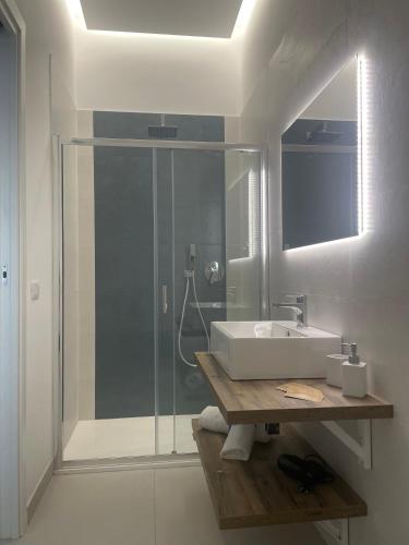 a bathroom with a sink and a glass shower at Brezza di Stabia Rooms in Castellammare di Stabia