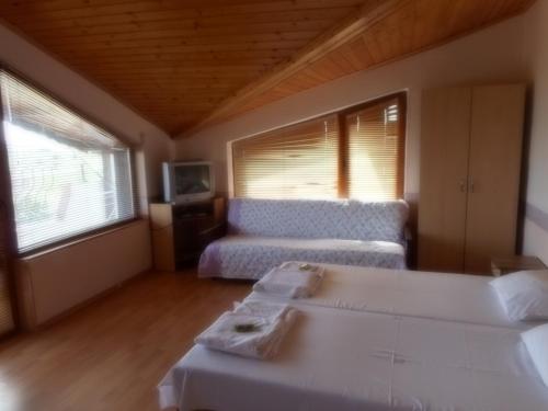 Guest Rooms Ribarska Hizha في شابلا: غرفة معيشة مع سرير وأريكة