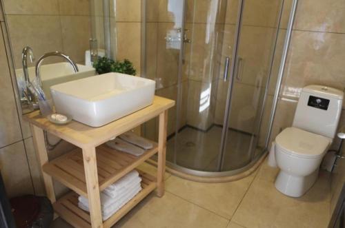La salle de bains est pourvue d'un lavabo, d'une douche et de toilettes. dans l'établissement Super Lux Apartment Mgzavrebi, à Gonio