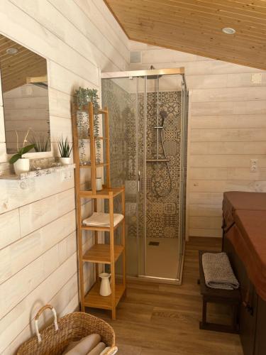 a shower with a glass door in a bathroom at Casa Rural Can Nonell del sot in Vallgorguina