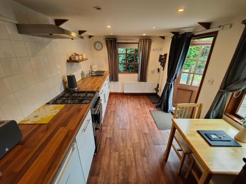 a kitchen with a stove and a wooden floor at The Garden Lodge in Llynclys