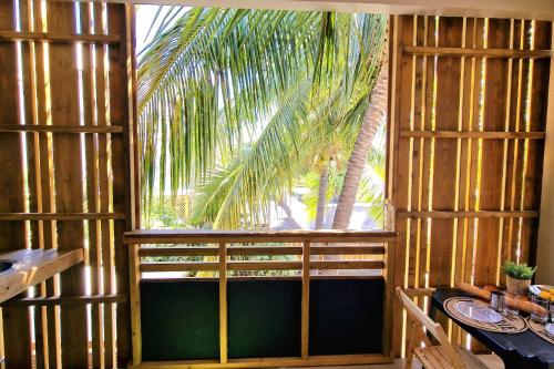 a room with a window with a table and a palm tree at Le Ti Nid house - ch Papangue, résidence avec piscine commune in Saint-Denis