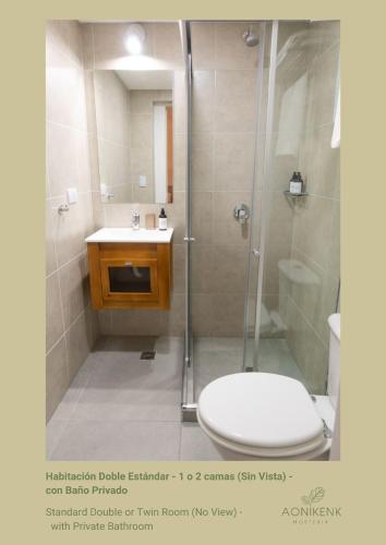 a bathroom with a shower with a toilet and a sink at Hostería Aonikenk in Ushuaia
