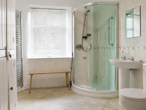 een badkamer met een douche, een toilet en een wastafel bij Underhill Cottage in Arnside