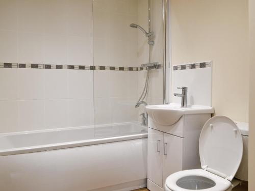 uma casa de banho com um WC, um lavatório e um chuveiro em No, 1 Ash Cottage em Quatt