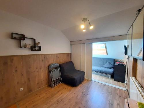 un salon avec un canapé et une chaise dans l'établissement Studio lumineux, bien équipé au cœur de la station, idéal pour 2 adultes et 1 enfant. - FR-1-592-60, à Bolquère-Pyrénées 2000