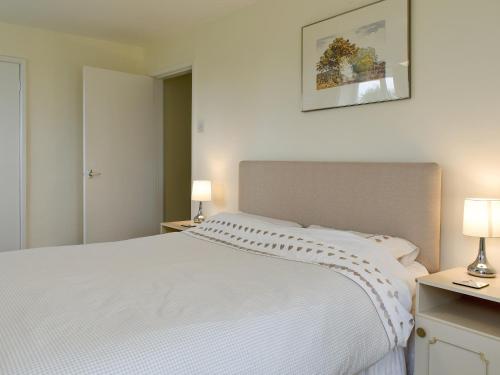 LlanferresにあるSisial Y Gwyntのベッドルーム(白い大型ベッド、ランプ2つ付)