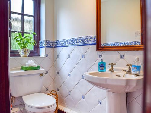 uma casa de banho com um lavatório, um WC e um espelho. em Honeysuckle Cottage em Mickleton