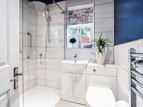 a bathroom with a shower and a sink and a toilet at Plum Tree House in Dore