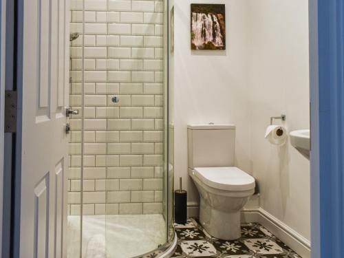 La salle de bains est pourvue de toilettes et d'une douche en verre. dans l'établissement Flat 3 Avon Villa, à Bradford-on-Avon