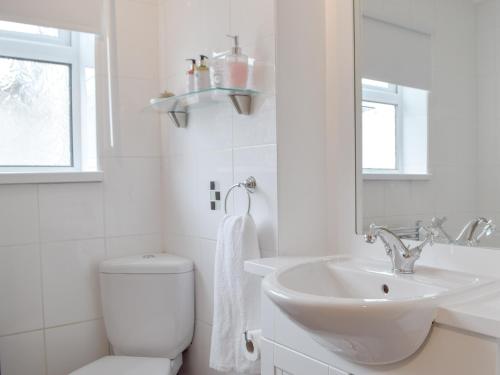 een witte badkamer met een toilet en een wastafel bij Cartref in St. Davids