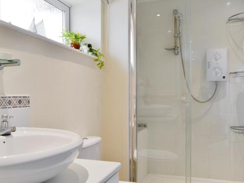 a white bathroom with a sink and a shower at Stable Cottage in Carisbrooke