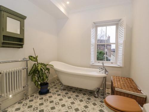 łazienka z wanną i doniczką w obiekcie Vallis Oak Villa w mieście Frome