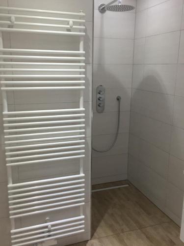 a bathroom with a shower with a glass door at Rhein-Mosel-Ferienhaus in Brodenbach