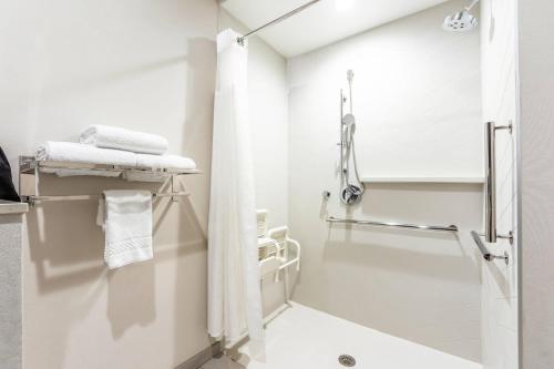 a white bathroom with a shower and a toilet at Fairfield Inn & Suites by Marriott Dallas Plano/Frisco in Plano