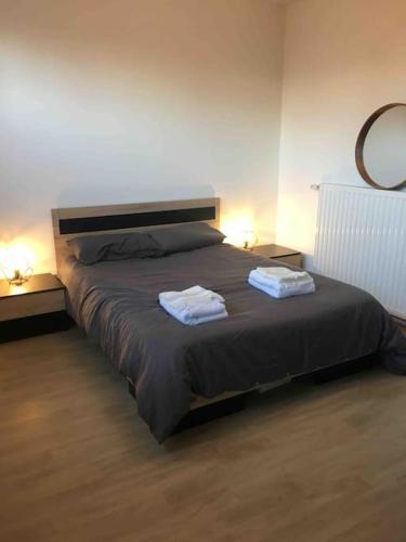 ein Schlafzimmer mit einem Bett mit zwei Handtüchern darauf in der Unterkunft Appartement Lille Europe in Lille