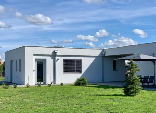 a white and blue house with a grass yard at AirbnbTřeboň - modern apartment in Třeboň