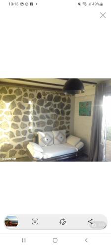 een kamer met 2 bedden en een stenen muur bij T2 vue sur Ocean Indien in Saint-Leu