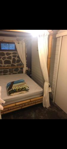 een slaapkamer met een bed met een gordijn en een raam bij T2 vue sur Ocean Indien in Saint-Leu