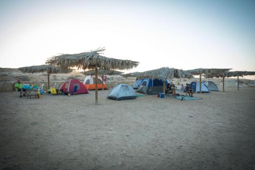 a group of tents on a sandy beach at חוות נועם במדבר - noam farm in Mitzpe Ramon