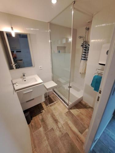 une salle de bain blanche avec une douche et un lavabo dans l'établissement Appart Madame à Chatelaillon plage 2 pers, à Châtelaillon-Plage