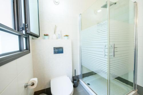 a bathroom with a glass shower stall and a toilet at הים פוגש את ההר- בית בלב הגליל Sea & Mount in Adamit