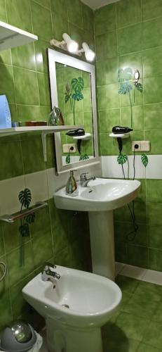 a bathroom with a sink and a mirror and a toilet at Casa Daila in Costa de Antigua