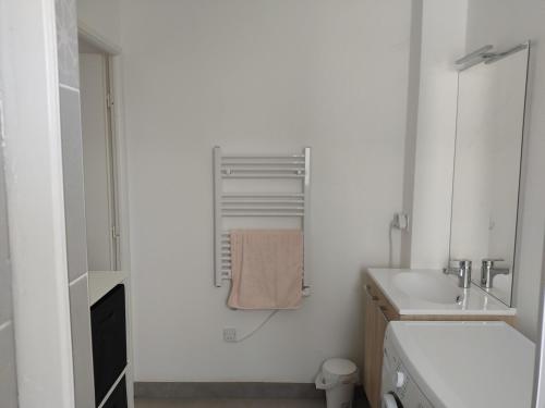 ein weißes Bad mit einem Waschbecken und einem Handtuch in der Unterkunft Appartement terrasse avec vue in Valence