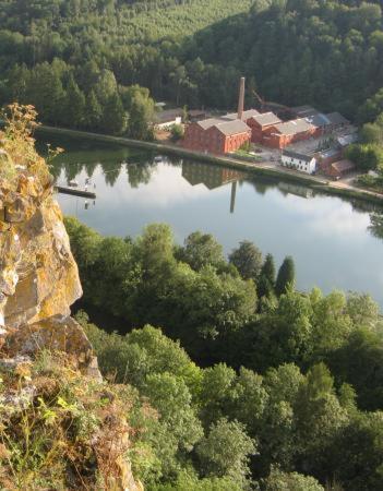 an aerial view of a body of water with a house at Séchoir_28 in Hastière-par-delà