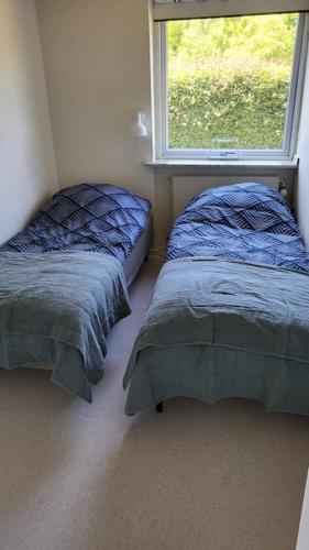 two beds in a room with a window at Thuya Rica house (1.6km to Legoland) in Billund
