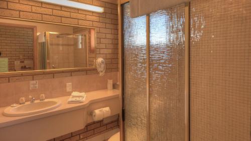 uma casa de banho com um lavatório e uma cabina de duche em vidro. em Barrass's John Bright Motor Inn em Bright