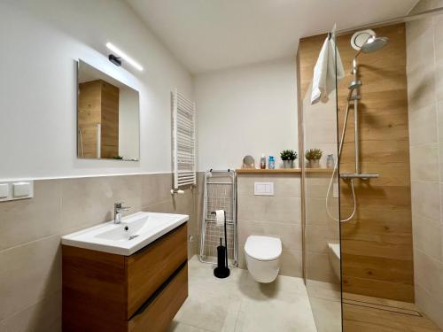 a bathroom with a sink and a toilet and a shower at Apartament Green Resort A5 z Basenem, Sauną, Jacuzzi, Siłownią - 5D Apartamenty in Szklarska Poręba
