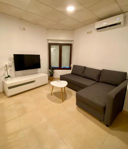 Aeropuerto-Churriana-Golf في مالقة: غرفة معيشة مع أريكة وتلفزيون بشاشة مسطحة