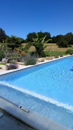 a large blue swimming pool in a garden at Gite La Pipistrelle in Rudeau-Ladosse