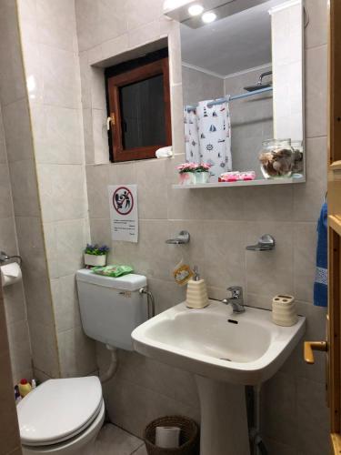 a small bathroom with a toilet and a sink at Inchirieri cabana- “Chalet Rustique” in Covasna
