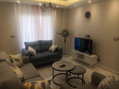 ein Wohnzimmer mit einem Sofa und einem TV in der Unterkunft Ismailia in ‘Ezbet Abd el-Hâdi ‘Afîfi